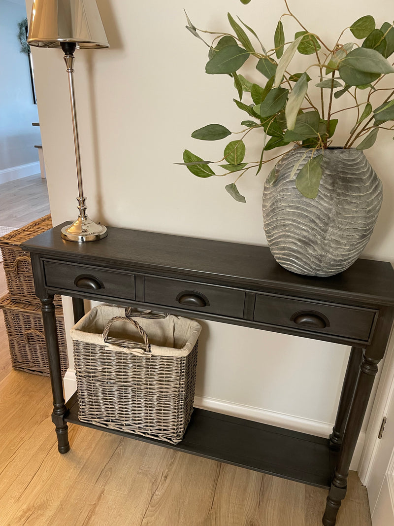 Grey silver slim console table with shelf