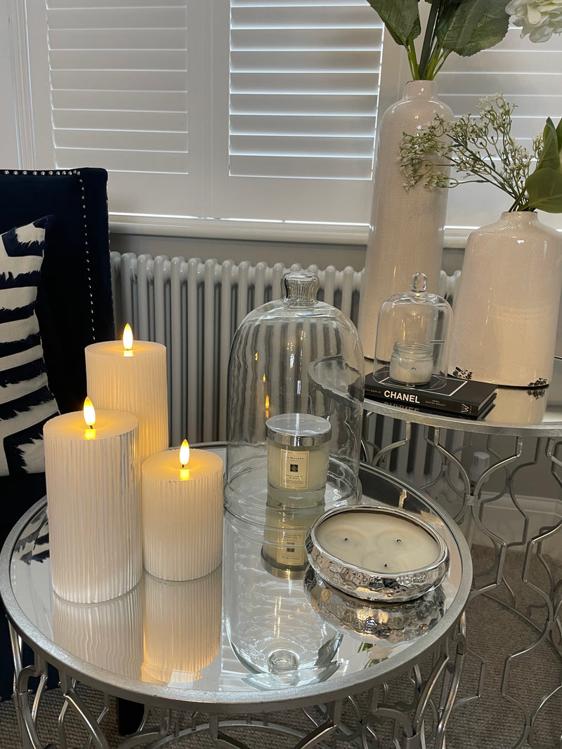 Large Off White Ribbed Real Wax LED Candle With Timer 3 sizes