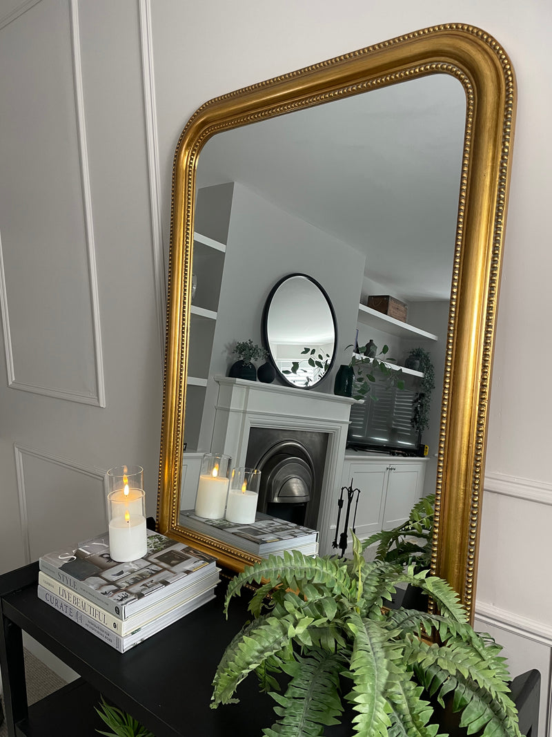 Gold beaded arched top mirror 108x76cm
