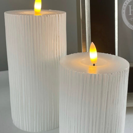 Large Off White Ribbed Real Wax LED Candle With Timer 3 sizes