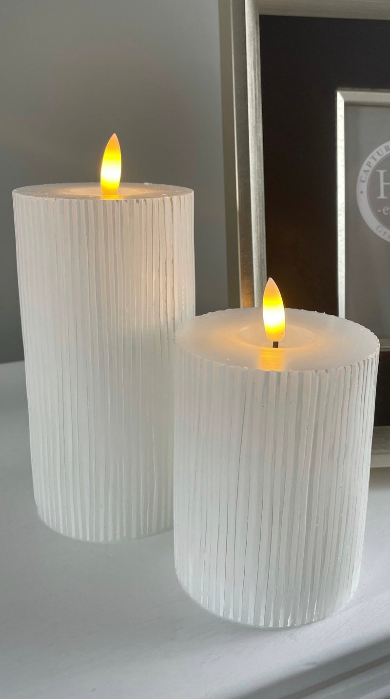 Large Off White Ribbed Real Wax LED Candle With Timer 3 sizes