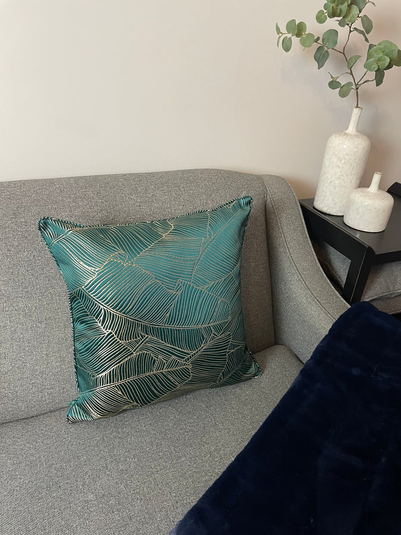 Seymour Green embroidered piped leaf cushion 50cm