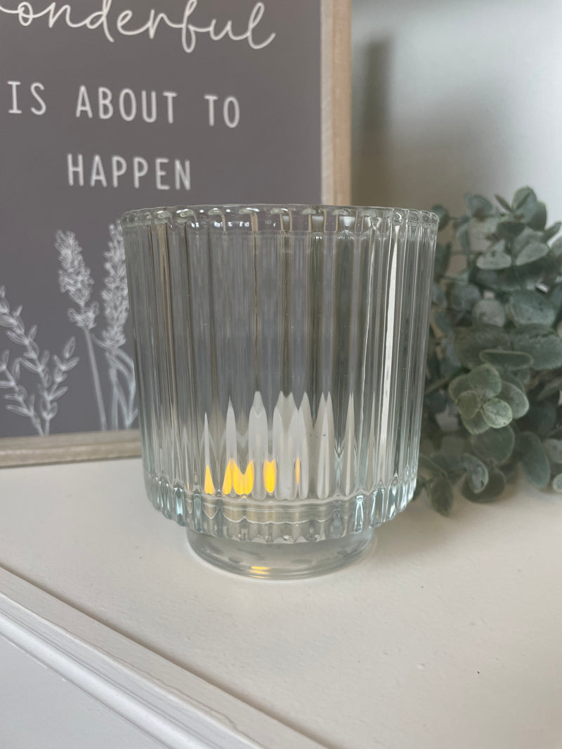 Clear Glass Ribbed Tea Light Candle Holder