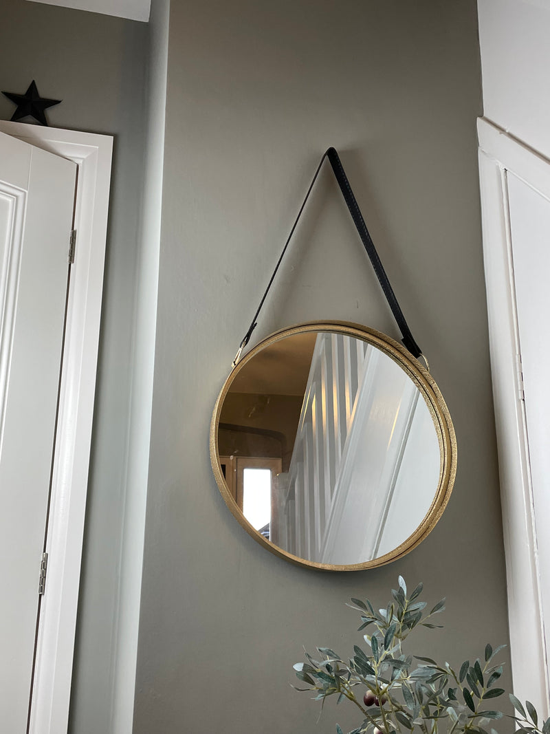 Medium gold round hanging strap mirror