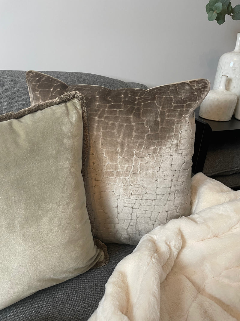 Freya taupe velvet fringed cushion