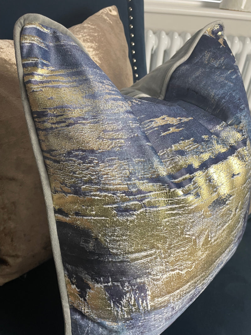 Idyllic abstract navy blue and gold grey luxury cushion