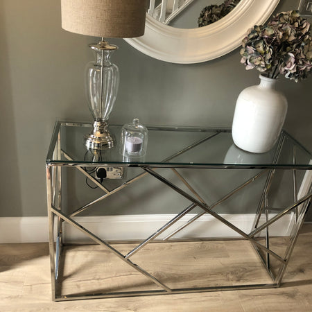 Azaria stainless steel silver metal glass console