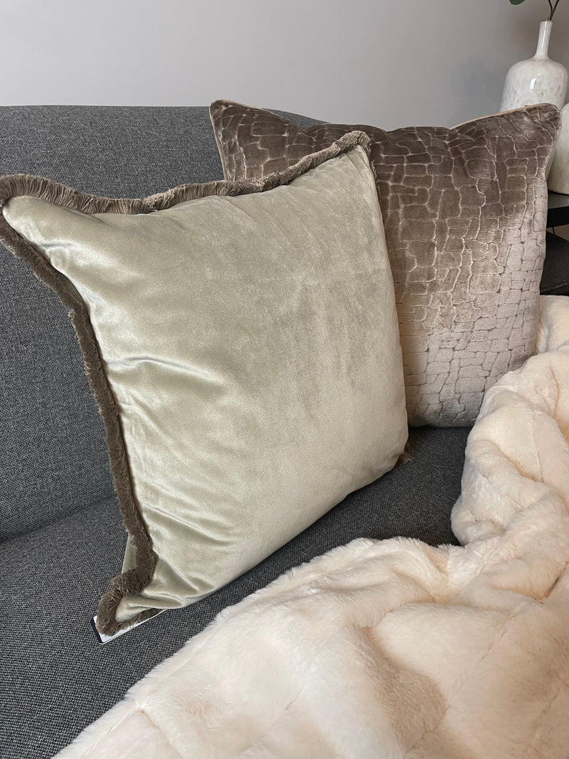 Freya taupe velvet fringed cushion