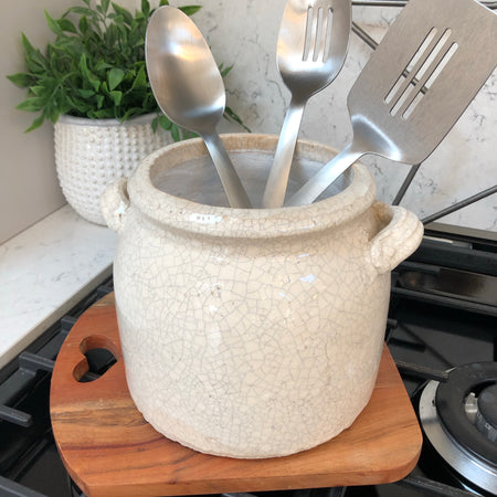 Ravello large chunky crackle pot with handles off white utensils