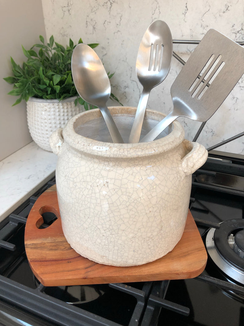 Ravello large chunky crackle pot with handles off white utensils