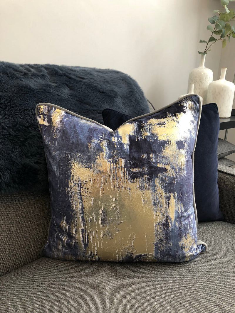 Idyllic abstract navy blue and gold grey luxury cushion