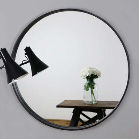 Black round metal surround mirror 40cm