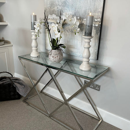 Imperia stainless steel silver metal & glass console