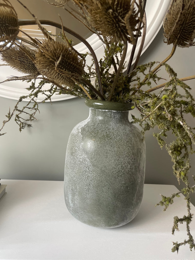 Chunky frosted olive green vase