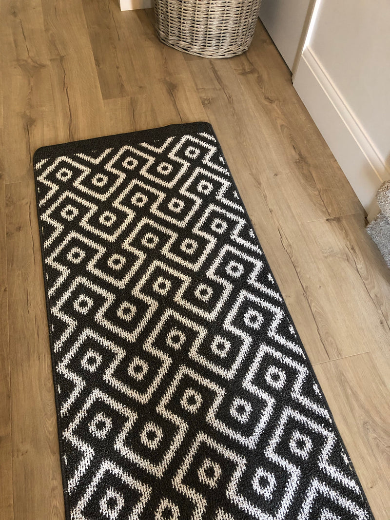 Charcoal black geo geometric door mat runner rug 150cm by 67cm
