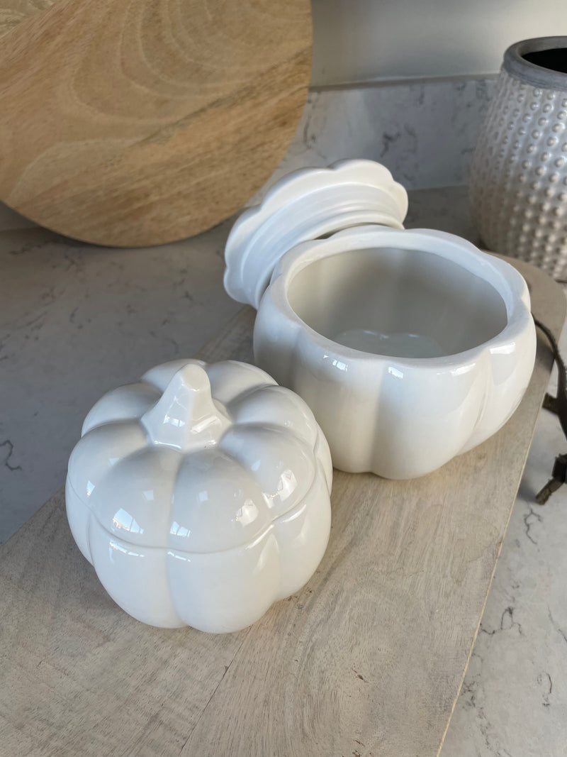 Large White Ceramic Halloween Lidded Pumpkin Jar