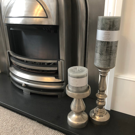 Grey fresh linen scented pillar candle 15cm