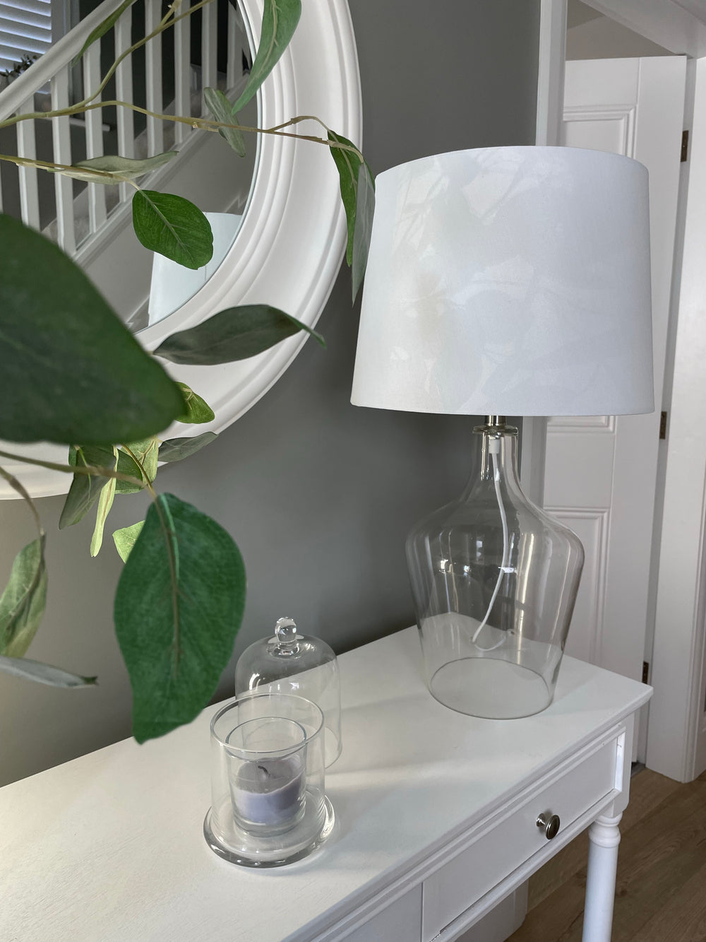 Glass bottle lamp with white shade Abode