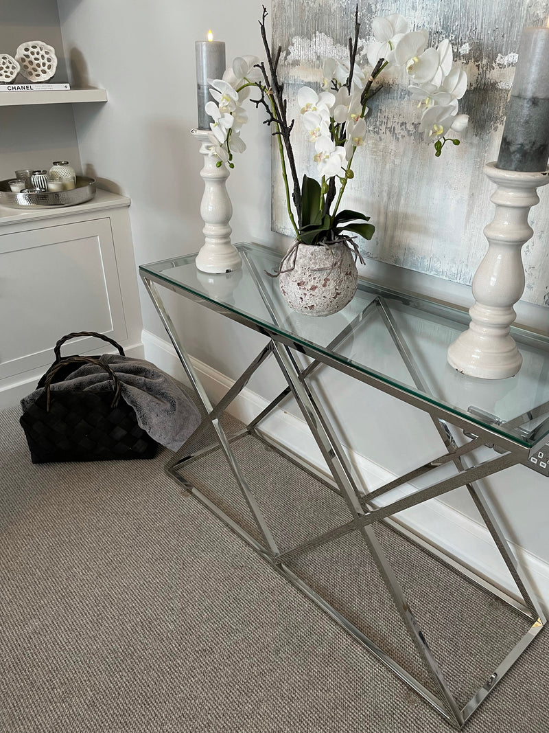 Imperia stainless steel silver metal & glass console