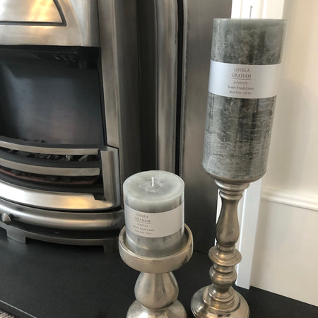 Grey fresh linen scented pillar candle 15cm