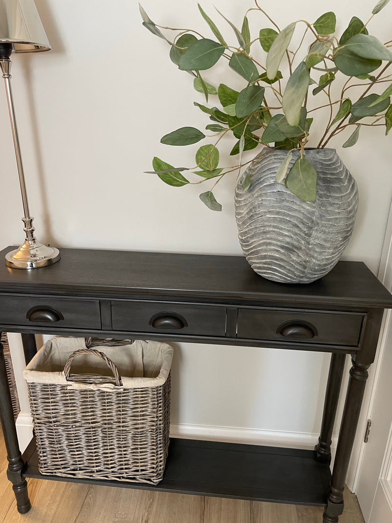 Grey silver slim console table with shelf