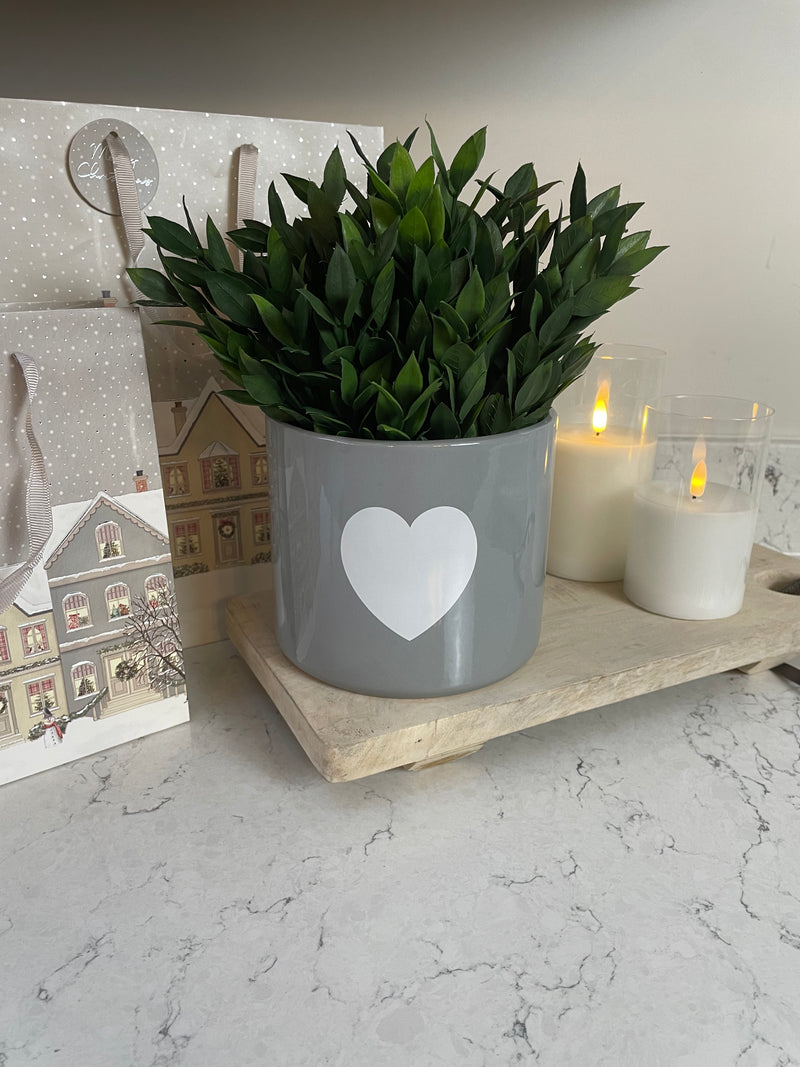 Large grey ceramic plant pot with white heart