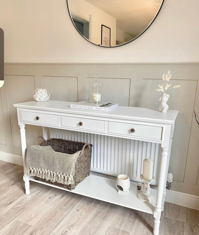 White large long 3 drawer console table