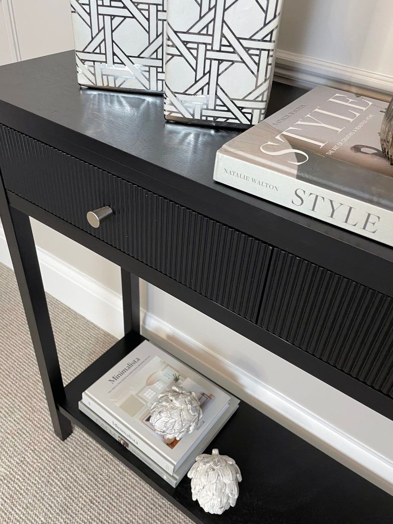 Lindon two drawer shelf black console