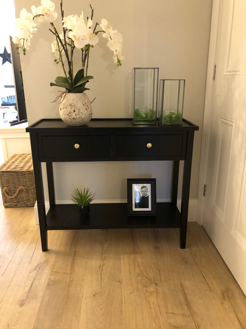Satin Black 2 drawer console with shelf and lipped top