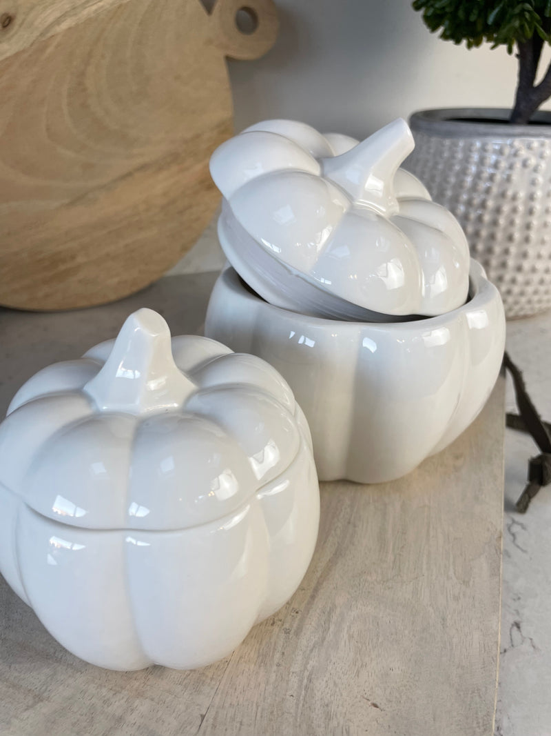 Large White Ceramic Halloween Lidded Pumpkin Jar
