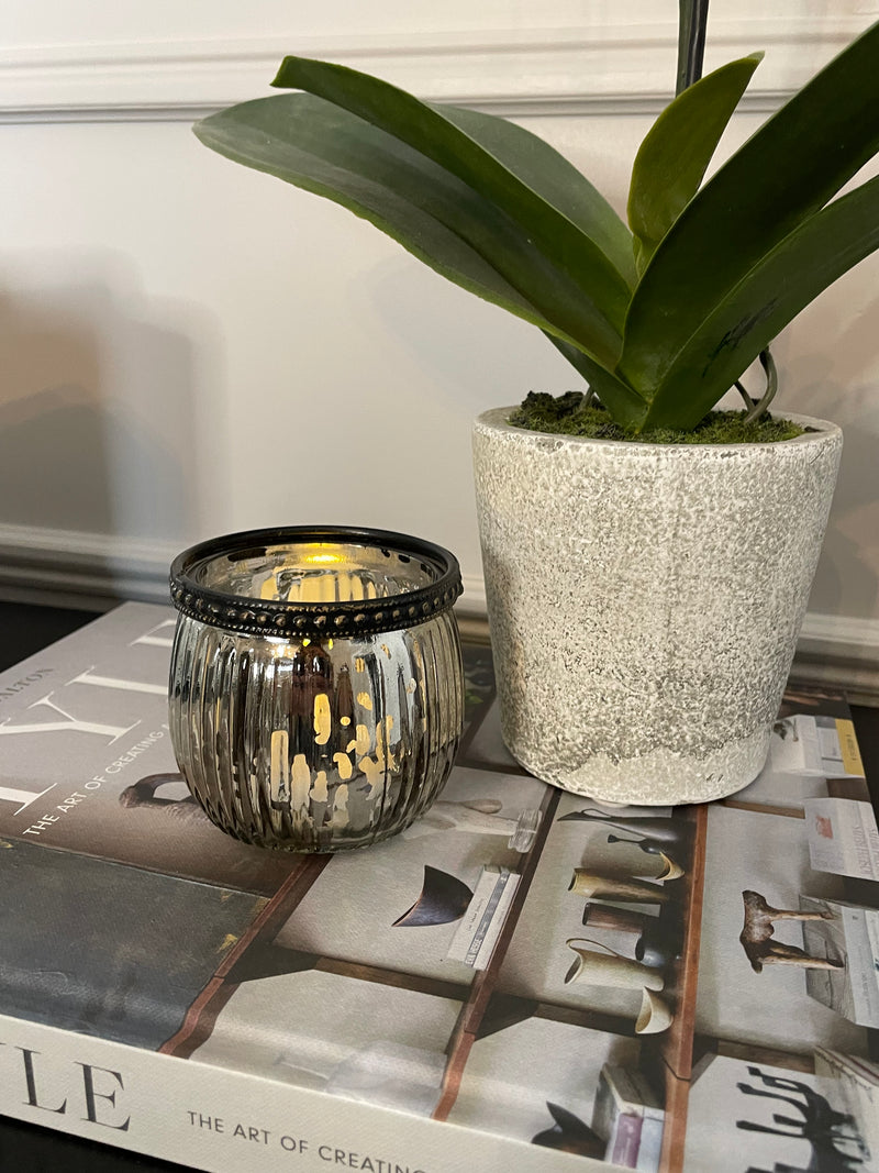 Mercury Glass With Metal Trim Candle Holder