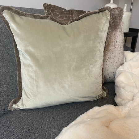 Freya taupe velvet fringed cushion