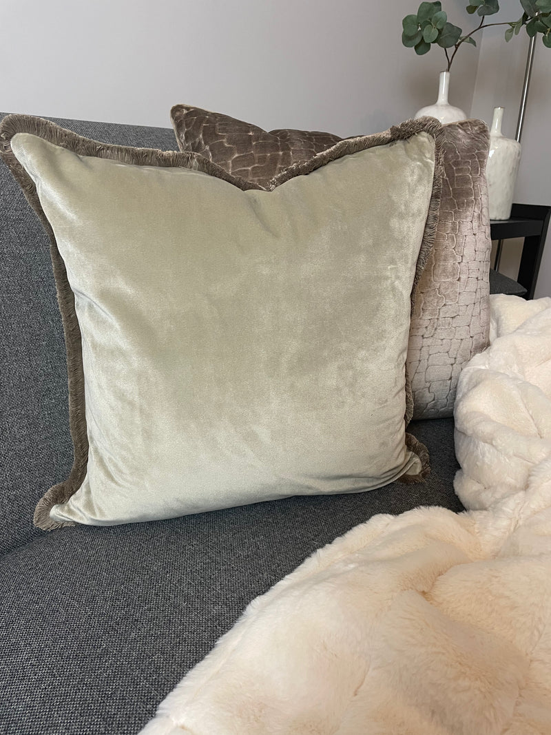 Freya taupe velvet fringed cushion