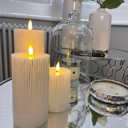 Large Off White Ribbed Real Wax LED Candle With Timer 23cm by 9cm