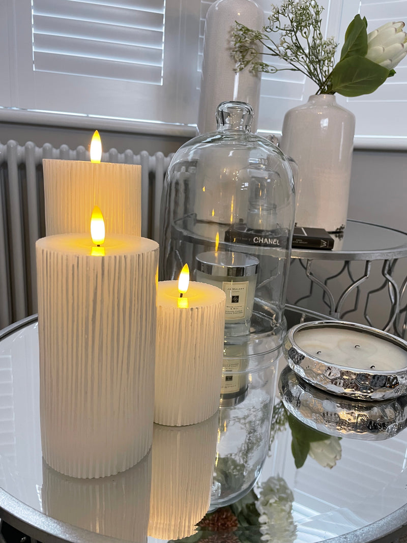 Large Off White Ribbed Real Wax LED Candle With Timer 23cm by 9cm