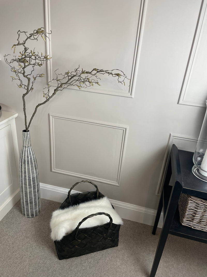 Tall Slender Tapered lined Scalloped black white Detail floor Vase