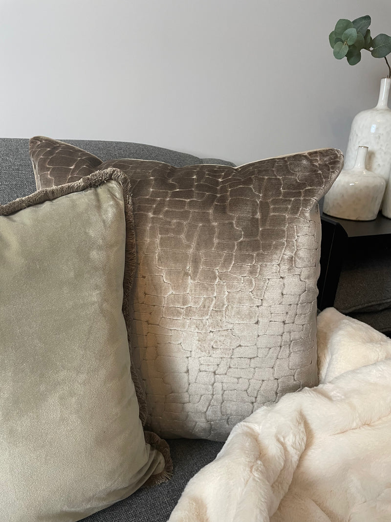 Freya taupe velvet fringed cushion