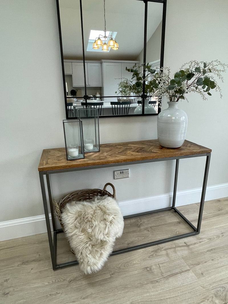 Wooden parquet top metal leg table