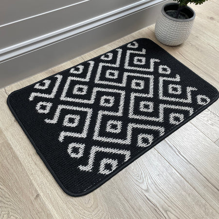 Black charcoal geometric door mat rug 80cm by 50cm