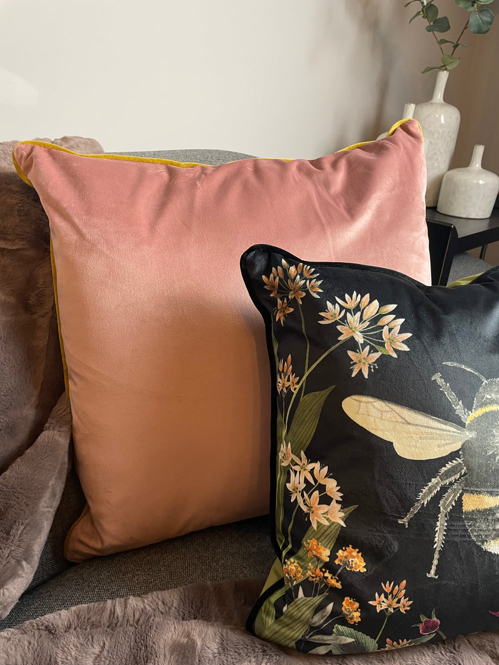 Pink blush velvet gold trim cushion 55cm Abode