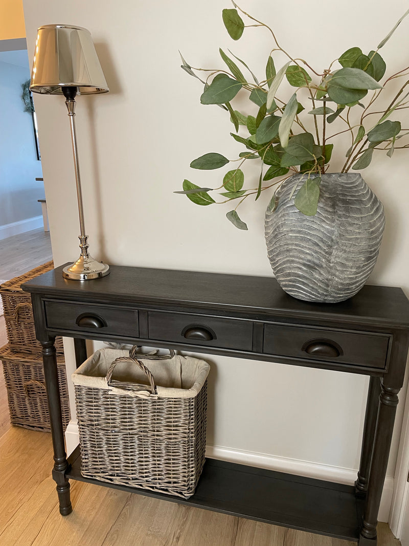 Grey silver slim console table with shelf