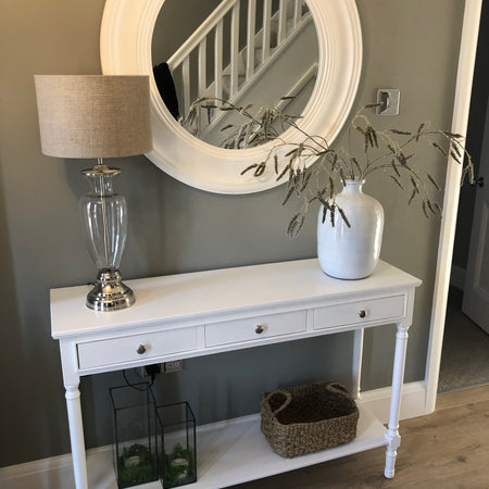 White medium slim three drawer console